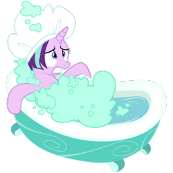Size: 264x264 | Tagged: safe, artist:amarthgul, character:starlight glimmer, species:pony, species:unicorn, episode:father knows beast, g4, my little pony: friendship is magic, .svg available, bath, bathtub, bathtub gag, claw foot bathtub, clothing, female, hat, mare, shower cap, simple background, soap, solo, suds, svg, transparent background, vector, wet mane