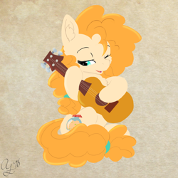 Size: 1280x1280 | Tagged: safe, artist:aurorafang, character:pear butter, species:earth pony, species:pony, female, guitar, hoof hold, lineless, mare, one eye closed, simple background, solo