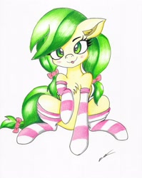 Size: 2440x3062 | Tagged: safe, artist:luxiwind, character:apple fritter, species:pony, apple family member, blep, blushing, chest fluff, clothing, cute, ear fluff, female, fritterbetes, silly, sitting, socks, solo, striped socks, tongue out, traditional art