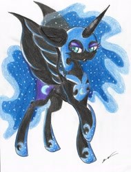 Size: 1621x2129 | Tagged: safe, artist:luxiwind, character:nightmare moon, character:princess luna, species:alicorn, species:pony, female, raised hoof, solo, traditional art