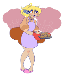 Size: 1280x1514 | Tagged: safe, artist:cubbybatdoodles, character:derpy hooves, species:human, apron, clothing, ditzy doo, female, food, humanized, muffin, muffin tray, simple background, solo, transparent background, wing ears