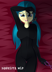 Size: 1024x1424 | Tagged: safe, artist:danielitamlp, character:juniper montage, my little pony:equestria girls, blushing, bodysuit, breasts, catsuit, dark jedi, female, glasses off, knights of ren, open mouth, sith, solo