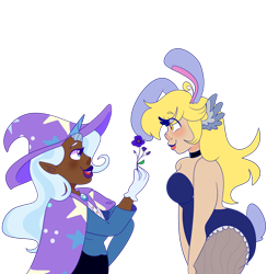 Size: 1280x1310 | Tagged: safe, artist:cubbybatdoodles, character:derpy hooves, character:trixie, species:human, ship:tripy, bunny suit, clothing, dark skin, ditzy doo, female, flower, humanized, lesbian, shipping, simple background, transparent background, wing ears