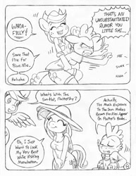 Size: 849x1100 | Tagged: safe, artist:circe, character:applejack, character:fluttershy, character:pinkie pie, character:rainbow dash, character:spike, species:anthro, comic:soreloser, black and white, breasts, clothing, comic, dress, explicit series, grayscale, hat, monochrome, semi-grimdark series, sun hat, sundress, traditional art
