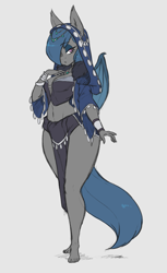 Size: 1197x1950 | Tagged: safe, artist:skecchiart, oc, oc only, oc:river rhythm, species:anthro, species:bat pony, species:pony, breasts, cleavage, female, hood, jewelry, loincloth, looking at you, mare, necklace, oracle, solo, wide hips