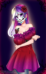 Size: 568x920 | Tagged: safe, artist:draltruist, character:dean cadance, character:princess cadance, my little pony:equestria girls, breasts, busty princess cadance, clothing, dark background, dia de los muertos, dress, female, mask, solo