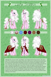Size: 3000x4471 | Tagged: safe, artist:kellythedrawinguni, oc, oc:lady slipper, species:earth pony, species:pony, cloak, clothing, female, mare, reference sheet, saddle bag, solo