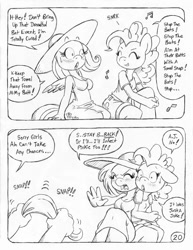 Size: 849x1100 | Tagged: safe, artist:circe, character:fluttershy, character:pinkie pie, species:anthro, comic:soreloser, applejerk, black and white, blushing, breasts, busty fluttershy, clothing, dress, explicit series, grayscale, hat, imminent spanking, implied spanking, monochrome, semi-grimdark series, sun hat, sundress, towel, traditional art