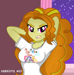 Size: 1024x1030 | Tagged: safe, artist:danielitamlp, character:adagio dazzle, character:applejack, character:fluttershy, character:pinkie pie, character:rainbow dash, character:rarity, character:twilight sparkle, my little pony:equestria girls, angry, arm behind head, breasts, busty adagio dazzle, clothing, female, lidded eyes, looking at you, mane six, open mouth, shirt, solo, zoomed in