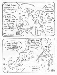 Size: 849x1100 | Tagged: safe, artist:circe, character:applejack, character:pinkie pie, character:rainbow dash, character:twilight sparkle, character:twilight sparkle (alicorn), species:alicorn, species:anthro, species:pony, comic:soreloser, applejerk, black and white, blushing, breasts, clothing, comic, explicit series, grayscale, literal butthurt, monochrome, pleated skirt, semi-grimdark series, skirt, spanking, towel, towel snap, traditional art