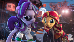 Size: 3840x2160 | Tagged: safe, artist:calveen, artist:imafutureguitarhero, character:starlight glimmer, character:sunset shimmer, species:pony, species:unicorn, my little pony:equestria girls, 3d, alternate hairstyle, aviator glasses, badass, bugatti, bugatti divo, car, chinese, chromatic aberration, clothing, collaboration, digital art, dress, duo, duo female, ear piercing, earring, equestria girls ponified, female, fence, glasses, high res, hoodie, hypercar, jewelry, key, keychain, lens flare, looking at you, lykan hypersport, mare, moon, mouth hold, piercing, ponified, signature, snow, source filmmaker, tattoo, teeth, tree, windswept mane