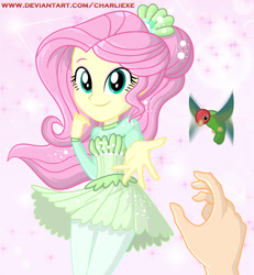 Size: 763x824 | Tagged: safe, artist:charliexe, character:fluttershy, species:bird, episode:so much more to me, g4, my little pony: equestria girls, my little pony:equestria girls, beautiful, clothing, cute, dress, female, hand, hummingbird, looking at you, offscreen character, pink background, pov, shyabetes, simple background, smiling