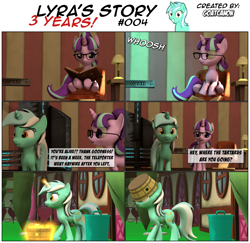 Size: 3929x3816 | Tagged: safe, artist:goatcanon, character:lyra heartstrings, character:starlight glimmer, comic:lyra's story, 3d, bucket, comic, dialogue, duo, glasses, source filmmaker, teleportation