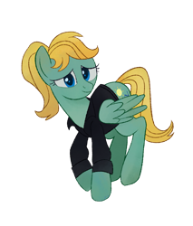 Size: 1627x1913 | Tagged: safe, artist:mellowhen, oc, oc only, oc:sunny hymn, species:pegasus, species:pony, fallout equestria, clothing, fallout equestria: red 36, fanfic art, female, looking at someone, ponytail, shirt, simple background, smiling, solo, transparent background