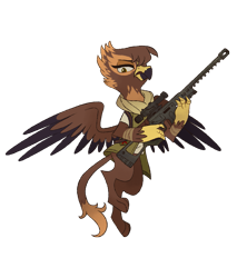 Size: 1627x1913 | Tagged: safe, artist:mellowhen, oc, oc only, oc:gabriela hawkins, species:griffon, fallout equestria, annoyed, bandolier, clothing, fallout equestria: red 36, fanfic art, female, flying, gun, pouches, rifle, scarf, simple background, sniper, sniper rifle, solo, transparent background, vest, weapon
