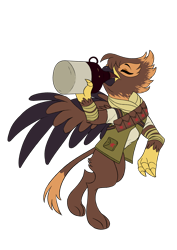 Size: 2480x3507 | Tagged: safe, artist:mellowhen, oc, oc only, oc:gabriela hawkins, species:griffon, fallout equestria, alcohol, bandolier, clothing, drinking, drunk, fallout equestria: red 36, fanfic art, female, moonshine, ncr, pouches, scarf, simple background, solo, stumbling, transparent background, vest