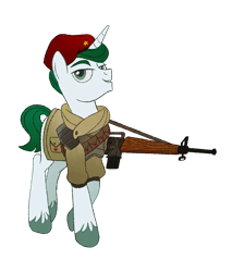 Size: 1627x1913 | Tagged: safe, artist:mellowhen, oc, oc only, oc:alabaster (fallout equestria: red 36), species:pony, species:unicorn, fallout equestria, bandolier, beret, clothing, fallout equestria: red 36, fanfic art, gun, hat, lidded eyes, male, ncr, new canterlot army, new canterlot republic, rifle, simple background, solo, transparent background, weapon