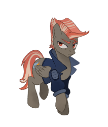Size: 1627x1913 | Tagged: safe, artist:mellowhen, oc, oc only, oc:hotshot, species:pegasus, species:pony, fallout equestria, clothing, fallout equestria: red 36, fanfic art, frown, jacket, looking at something, male, mohawk, simple background, solo, stallion, transparent background