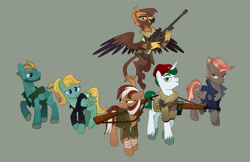 Size: 4810x3112 | Tagged: safe, artist:mellowhen, oc, oc only, oc:airworthy, oc:alabaster (fallout equestria: red 36), oc:gabriela hawkins, oc:hotshot, oc:roulette, oc:sunny hymn, species:earth pony, species:griffon, species:pegasus, species:pony, species:unicorn, fallout equestria, clothing, conflicted, ex-enclave, fallout equestria: red 36, fanfic art, gun, jacket, line-up, looking at each other, ncr, nervous grin, new canterlot, new canterlot army, proud, rifle, simple background, smiling, sniper, sniper rifle, vest, weapon