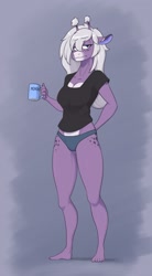 Size: 707x1280 | Tagged: source needed, safe, artist:skecchiart, oc, oc only, oc:adrianna, species:anthro, species:plantigrade anthro, barefoot, blue underwear, clothing, coffee, feet, giraffe, looking at you, panties, solo, tired, underwear