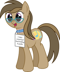 Size: 3165x3825 | Tagged: safe, alternate version, artist:joey, oc, oc only, oc:dawnsong, species:earth pony, species:pony, collar, cute, female, glasses, happy, implied hoof holding, lewd, mare, open mouth, pony shaming, show accurate, sign, simple background, smiling, solo, transparent background