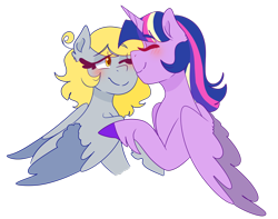 Size: 1280x1011 | Tagged: safe, artist:cubbybatdoodles, character:derpy hooves, character:twilight sparkle, character:twilight sparkle (alicorn), species:alicorn, species:pegasus, species:pony, ship:twerpy, blushing, cute, derpabetes, ditzy doo, female, lesbian, mare, shipping, simple background, transparent background, twiabetes