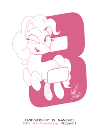 Size: 1086x1400 | Tagged: safe, artist:fuzon-s, part of a set, character:pinkie pie, species:earth pony, species:pony, anniversary, cute, diapinkes, female, happy, happy birthday mlp:fim, jumping, mare, mlp fim's eighth anniversary, monochrome, one eye closed, pony channel, sketch, solo, style emulation, wink, yuji uekawa style