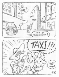 Size: 849x1100 | Tagged: safe, artist:circe, character:fluttershy, character:pinkie pie, species:anthro, species:unguligrade anthro, comic:soreloser, black and white, breasts, cleavage, clothing, comic, dress, explicit series, grayscale, harpo marx, manehattan, marx brothers, monochrome, semi-grimdark series, sundress, traditional art, vulgar
