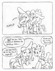 Size: 849x1100 | Tagged: safe, artist:circe, character:fluttershy, character:pinkie pie, species:anthro, species:unguligrade anthro, comic:soreloser, black and white, clothing, dress, explicit series, facepalm, grayscale, monochrome, semi-grimdark series, sundress, traditional art