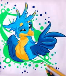 Size: 1465x1681 | Tagged: safe, artist:emberslament, character:gallus, species:griffon, cheek fluff, chest fluff, colored pencil drawing, colored pencils, cute, gallabetes, happy, looking at you, male, one eye closed, pencil, photo, quadrupedal, simple background, smiling, solo, traditional art, wing gesture, wing hands, wings, wink