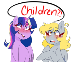 Size: 1280x1061 | Tagged: safe, artist:cubbybatdoodles, character:derpy hooves, character:twilight sparkle, character:twilight sparkle (alicorn), species:alicorn, species:pegasus, species:pony, ship:twerpy, blushing, ditzy doo, female, lesbian, shipping