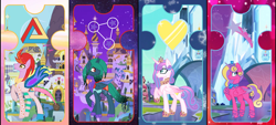 Size: 1815x820 | Tagged: safe, artist:razorbladetheunicron, base used, character:princess flurry heart, character:princess skyla, oc, oc:prince chocolate paradox, oc:princess zenith, parent:discord, parent:pharynx, parent:princess celestia, parent:princess luna, parents:dislestia, parents:lunarynx, species:alicorn, species:changepony, species:pony, lateverse, canterlot, crown, crystal empire, cutie mark, draconequus hybrid, ethereal mane, galaxy mane, gradient hair, group, hybrid, interspecies offspring, jewelry, offspring, peytral, regalia