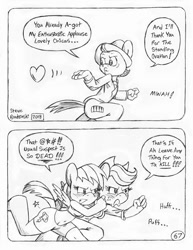 Size: 849x1100 | Tagged: safe, artist:circe, character:applejack, character:rainbow dash, species:anthro, species:unguligrade anthro, comic:soreloser, black and white, blowing a kiss, blushing, breasts, censored vulgarity, chico marx, comic, explicit series, grawlixes, grayscale, marx brothers, monochrome, semi-grimdark series, this will end in death, traditional art