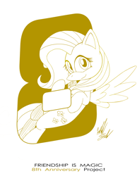 Size: 1086x1400 | Tagged: safe, artist:fuzon-s, part of a set, character:fluttershy, species:pegasus, species:pony, anniversary, cute, female, flying, happy birthday mlp:fim, looking at you, mare, mlp fim's eighth anniversary, monochrome, shyabetes, sketch, smiling, solo, style emulation, yuji uekawa style