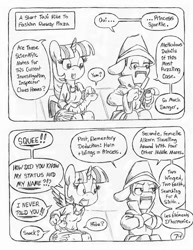 Size: 849x1100 | Tagged: safe, artist:circe, character:twilight sparkle, character:twilight sparkle (alicorn), species:alicorn, species:anthro, species:pony, comic:soreloser, black and white, clothing, comic, explicit series, grayscale, inspector jacques clouseau, monochrome, notepad, pencil, pleated skirt, semi-grimdark series, skirt, traditional art