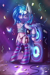 Size: 2304x3444 | Tagged: safe, artist:shad0w-galaxy, character:dj pon-3, character:vinyl scratch, species:pony, species:unicorn, belly button, black background, black underwear, chest fluff, clothing, drunk, female, magic, patreon, patreon preview, simple background, smiling, socks, stockings, striped socks, thigh highs, underwear