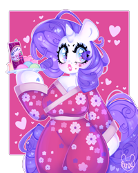 Size: 4000x5000 | Tagged: safe, artist:bunxl, character:rarity, species:anthro, species:pony, species:unicorn, breasts, busty rarity, cleavage, clothing, female, lipstick, mare, solo, vaguely asian robe, wingding eyes