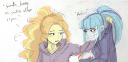 Size: 1843x894 | Tagged: safe, artist:amazingpuffhair, character:adagio dazzle, character:sonata dusk, my little pony:equestria girls, blushing, clothing, cookie, female, food, grin, hoodie, mamadagio, nervous, nervous grin, smiling, traditional art
