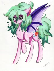 Size: 2323x3073 | Tagged: safe, artist:luxiwind, oc, oc:fraise, species:bat pony, species:pony, female, mare, solo, traditional art