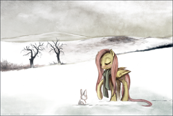 Size: 1200x808 | Tagged: safe, artist:cosmicunicorn, character:angel bunny, character:fluttershy, art study, clothing, scarf, scenery, snow