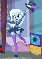 Size: 552x776 | Tagged: safe, artist:charliexe, character:trixie, episode:street magic with trixie, g4, my little pony: equestria girls, my little pony:equestria girls, spoiler:eqg series (season 2), arm behind head, barrette, beautiful, clothing, cute, diatrixes, dress, epaulettes, female, hairclip, hairpin, hat, high heels, legs, looking at you, minidress, miniskirt, open mouth, outdoors, paraskirt, shoes, skirt, socks, solo, thigh highs, top hat, zettai ryouiki