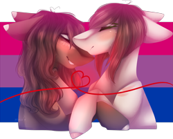 Size: 3111x2498 | Tagged: safe, artist:mauuwde, oc, oc only, oc:leafy, oc:maude, species:earth pony, species:pony, bisexual pride flag, bisexuality, female, kissing, lesbian, lgbt, mare, oc x oc, pride, pride flag, red string of destiny, shipping