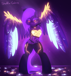 Size: 2000x2150 | Tagged: safe, artist:shad0w-galaxy, character:fluttershy, species:pony, armpits, blacklight, female, fluffy, glowing mane, k/da, kai'sa, league of legends, neon, paint, purple background, simple background, smiling, solo, standing, video game crossover, wings