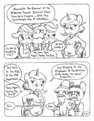 Size: 849x1100 | Tagged: safe, artist:circe, character:applejack, character:rainbow dash, oc, oc:eaststern, species:anthro, species:unguligrade anthro, comic:soreloser, black and white, blushing, chico marx, explicit series, grayscale, groucho marx, inspector jacques clouseau, marx brothers, monochrome, semi-grimdark series, traditional art