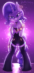 Size: 1000x2100 | Tagged: safe, artist:shad0w-galaxy, character:rarity, species:pony, ahri, clothing, female, k/da, league of legends, mare, purple background, semi-anthro, simple background, smiling, socks, solo, standing, stockings, thigh highs
