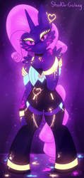 Size: 1000x2100 | Tagged: safe, artist:shad0w-galaxy, character:rarity, species:pony, ahri, blacklight, clothing, female, k/da, league of legends, mare, neon, purple background, simple background, socks, solo, standing, stockings, thigh highs