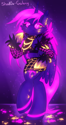 Size: 1000x1900 | Tagged: safe, artist:shad0w-galaxy, character:twilight sparkle, character:twilight sparkle (alicorn), species:alicorn, species:pony, bipedal, blacklight, clothing, cosplay, costume, evelynn, female, k/da, league of legends, mare, neon, solo, video game crossover