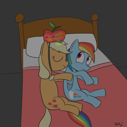 Size: 1000x1000 | Tagged: safe, artist:rapidstrike, character:applejack, character:rainbow dash, species:pony, clothing, cuddling, hat, silly, silly pony