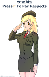 Size: 590x920 | Tagged: safe, artist:draltruist, character:derpy hooves, species:human, clothing, female, humanized, press f to pay respects, salute, simple background, solo, tumblr, tumblr 2018 nsfw purge, tumblr drama, uniform