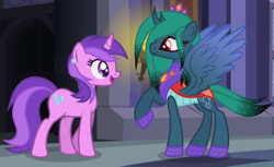 Size: 1408x864 | Tagged: safe, artist:razorbladetheunicron, base used, character:amethyst star, character:sparkler, oc, oc:princess zenith, parent:pharynx, parent:princess luna, parents:lunarynx, species:changepony, lateverse, alternate universe, canterlot castle, colored wings, crown, cutie mark, duo, ear piercing, earring, gradient hair, gradient wings, hybrid, jewelry, next generation, offspring, piercing, regalia, sparkly mane